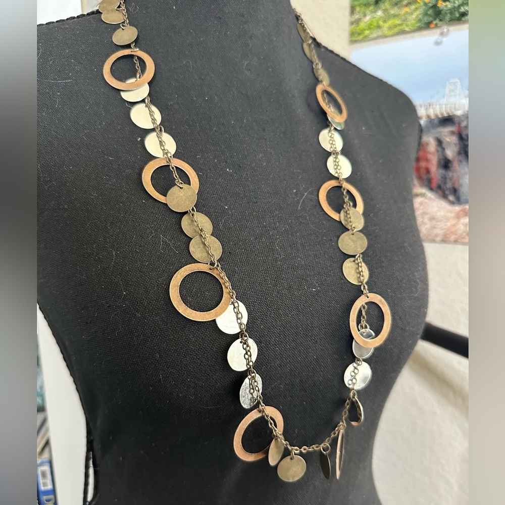 Mixed Metal Circle Link Long Necklace - Women Jewelry 33”